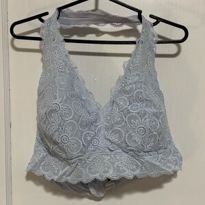 Aerie Lace Halter Bralette Soft Blue Gray Scalloped Trim Boho Lingerie XXL